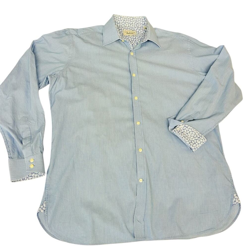 Ted Baker Endurance Blue Striped Dress Shirt 16.5 34/35 Cotton Contrast Cuff